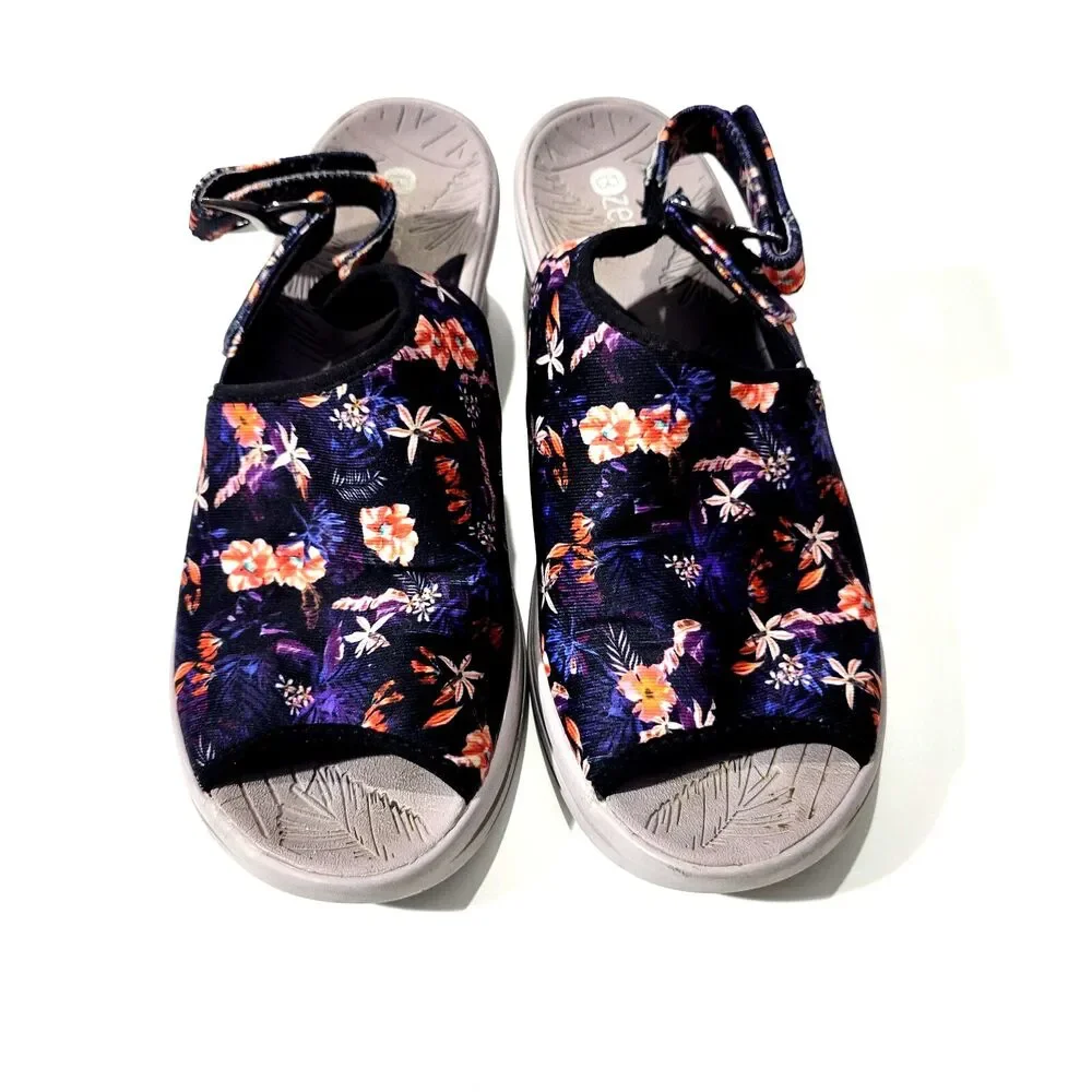 Bzees Womens Floral Wedge Platform Sandals Blue Sz 10W